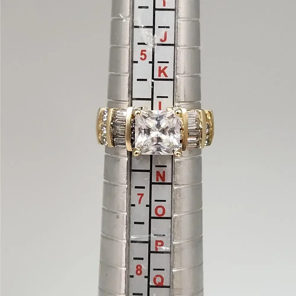 14k Yellow Gold Princess-Cut CZ Ring with Baguette Accents- Size 6